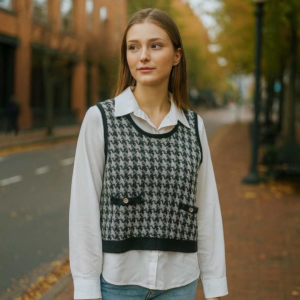 Sweater with white blouse
